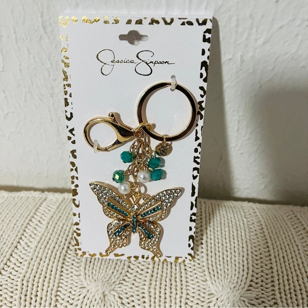 Jessica Simpson New Butterfly Bag Charm Keychain Rhinestones Teal/Gold Pearls